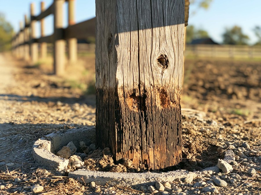 The base of a fence post dug out to show what failed where it meets the dirt