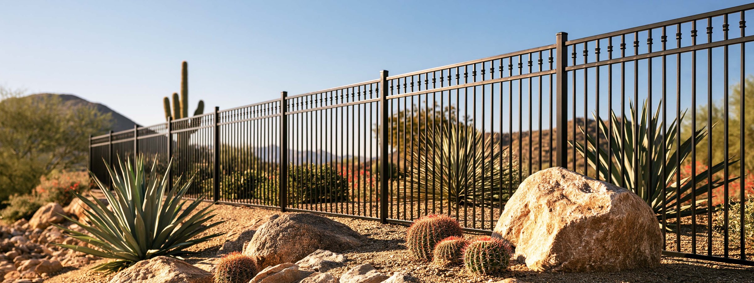 A black wrought iron view fence along a Queen Creek yard with rust starting at the base