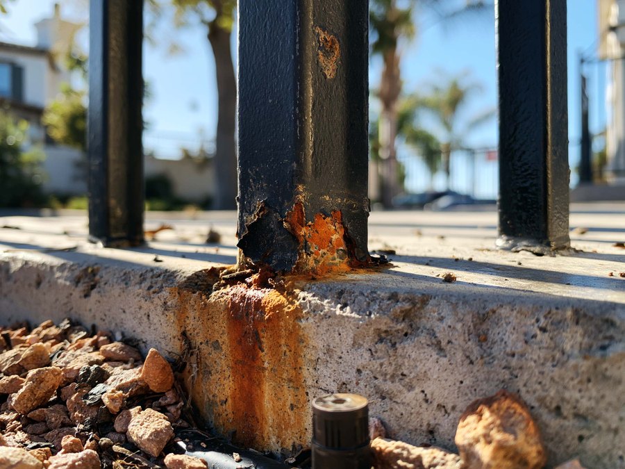 The base of an iron picket where it enters its concrete, with the coating broken