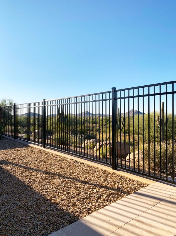 A repaired and repainted iron fence standing against open desert